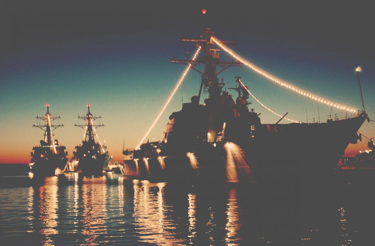Navy ship at night